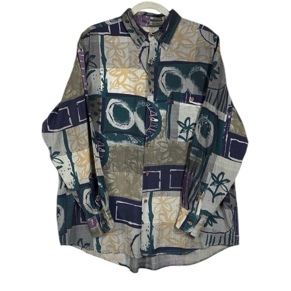 Vintage Goouch Long Sleeve Shirt Mens Size L Silk Linen Blend Retro Print
